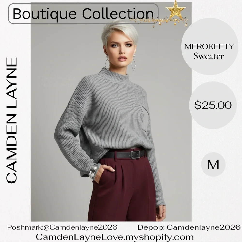 Merokeety Gray Women's Turtleneck Sweater - Picture 1 of 11